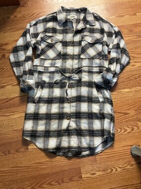 Cisono Navy, Tan & Cream Plaid Flannel Button Down Drawstring Tunic/Dress Size S